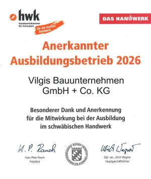 Urkunde: anerkannter Ausbildungsbetrieb der Handwerkskammer für Schwaben